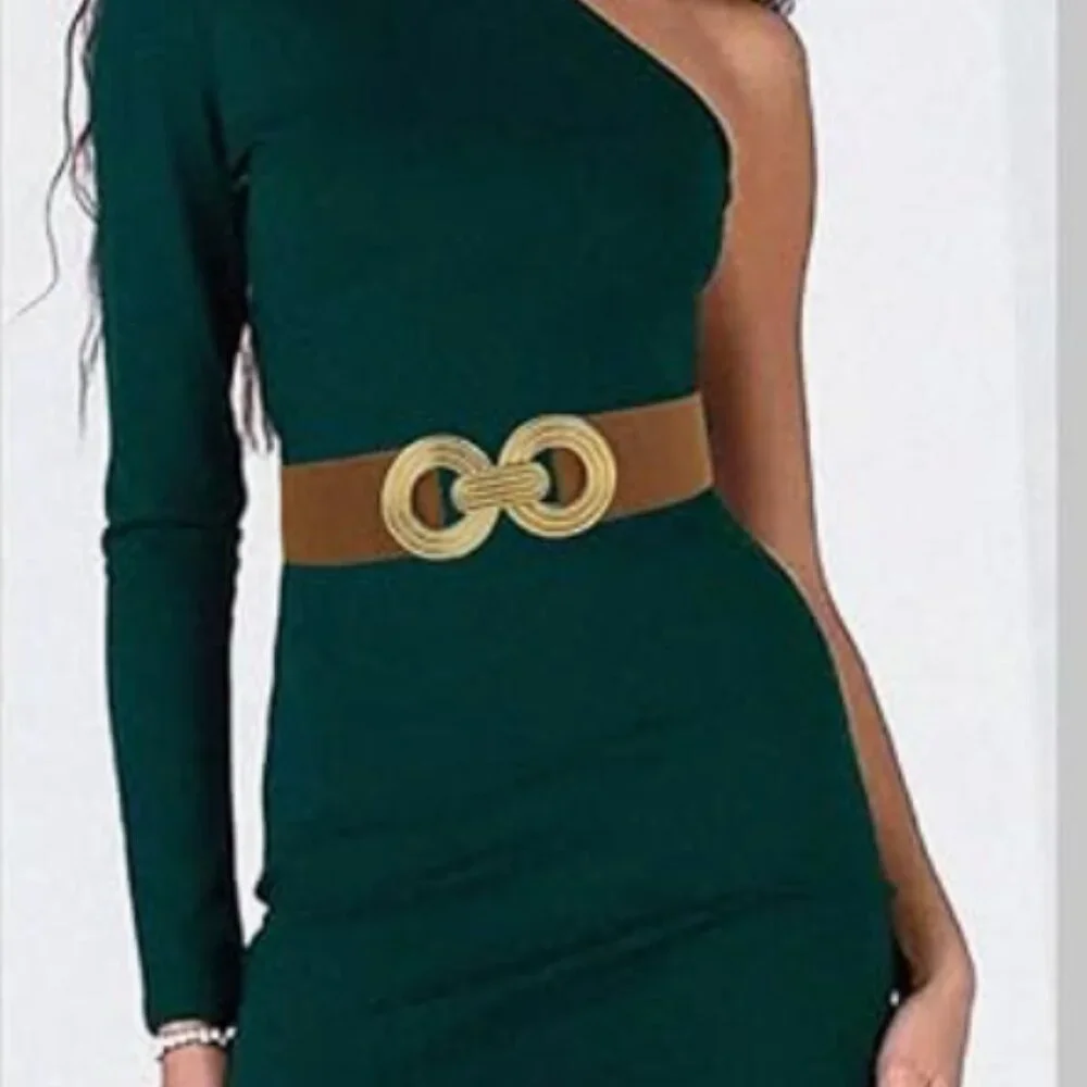 Elastic Wide Belt Gold Round Buckle Stretchy Vintage Waist Belt